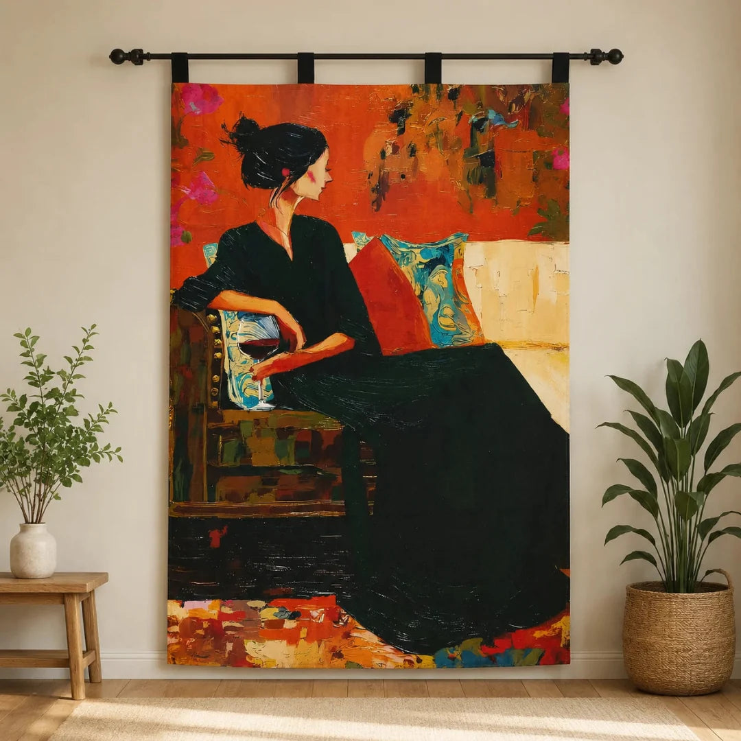 Colourful painterly tapestry with a seated woman against an orange background.