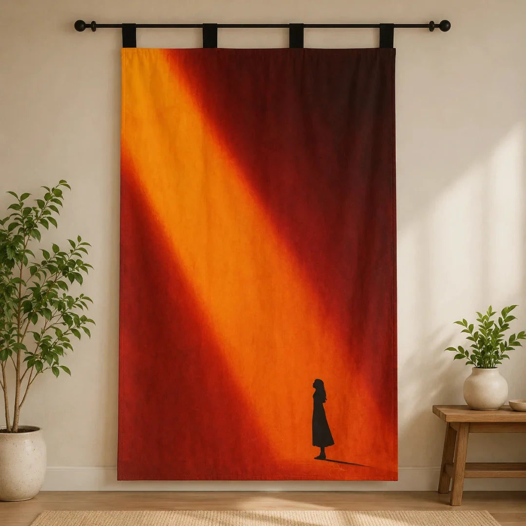 Orange and red abstract tapestry with a small dark walking figure.