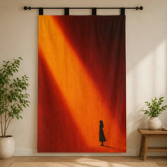Orange and red abstract tapestry with a small dark walking figure.