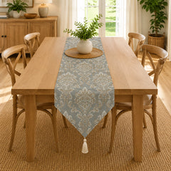Misty Blue Heritage Table Runner With Mats In Damask Fabric