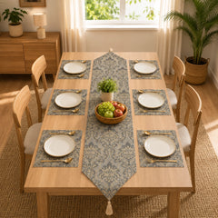 Serene Botanical Table Runner With Mats In Damask Fabric 004