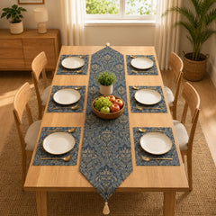 Midnight Blue Regency Table Runner With Mats In Damask Fabric 005