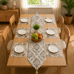 Heirloom Silver Medallion Table Runner With Mats In Damask Fabric 006