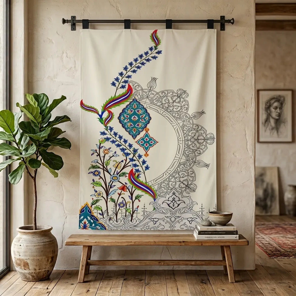 a decorative design printed on a fabric hanging with 4 hanging strips on a hanging rod