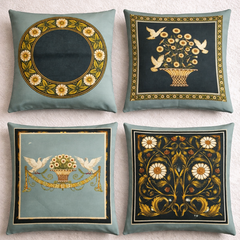 French White Birds and Flowers Cushion Cover Pack of 4