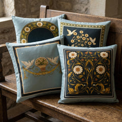 French White Birds and Flowers Cushion Cover Pack of 4