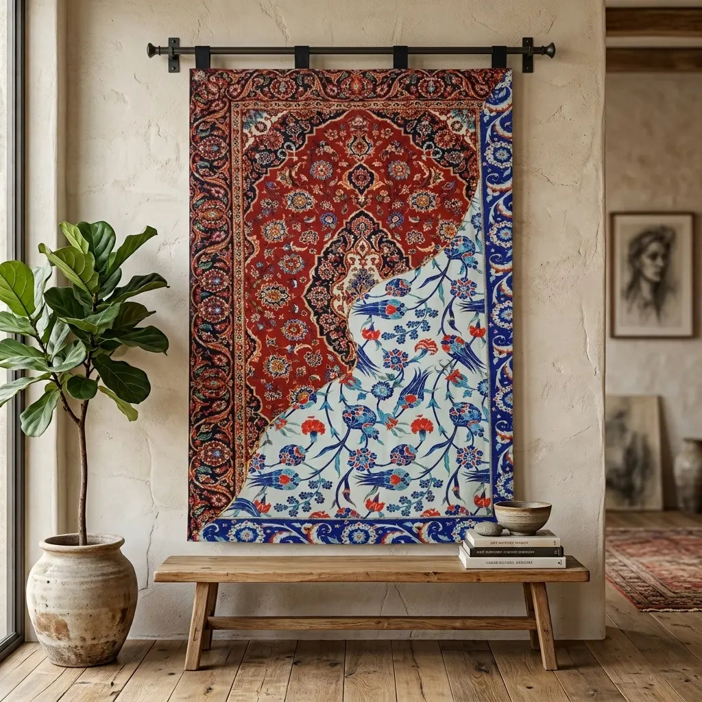 a decorative design printed on a fabric hanging with 4 hanging strips on a hanging rod