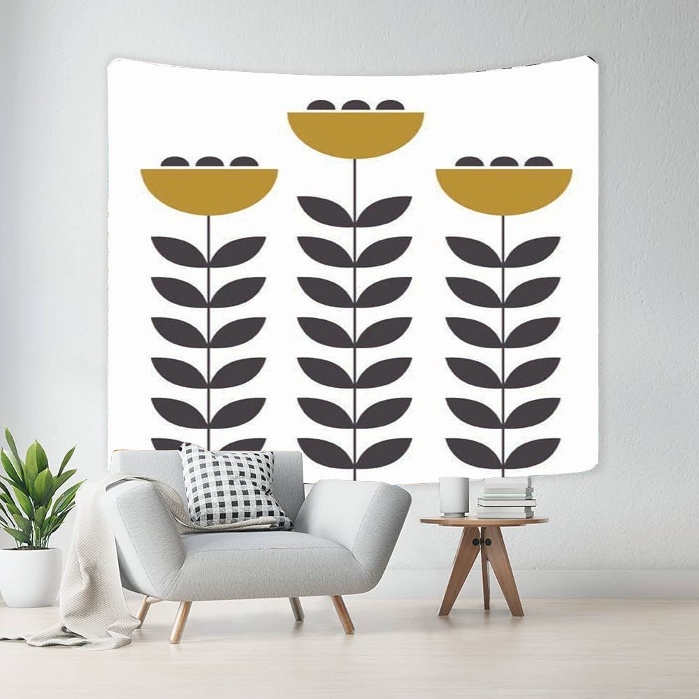 White tapestry with stylised yellow flowers and black leaves.