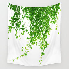 White tapestry printed with trailing green foliage.