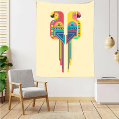Cream tapestry featuring two colourful long-tailed parrots.