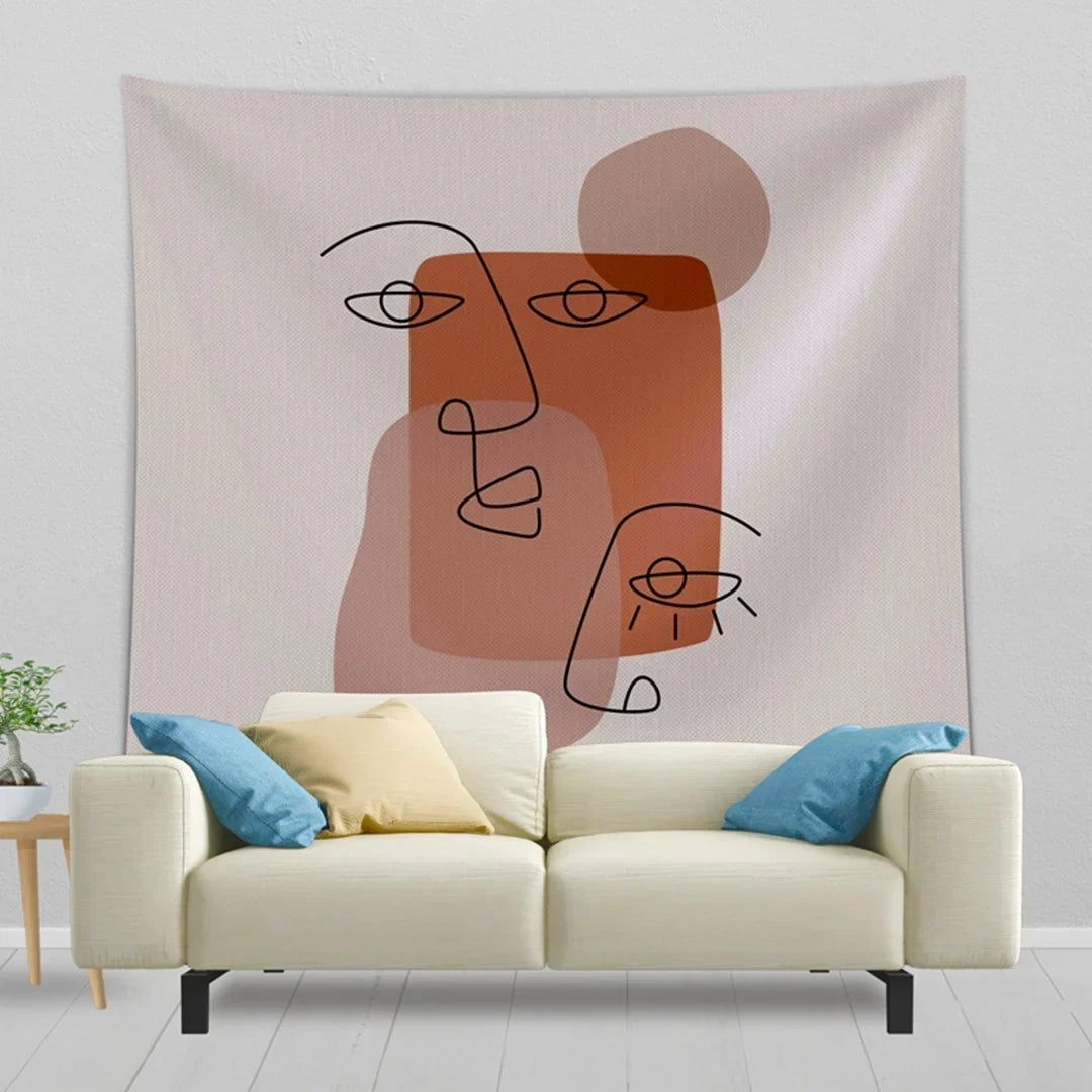 Abstract face-line tapestry with cream, peach and brown shapes.