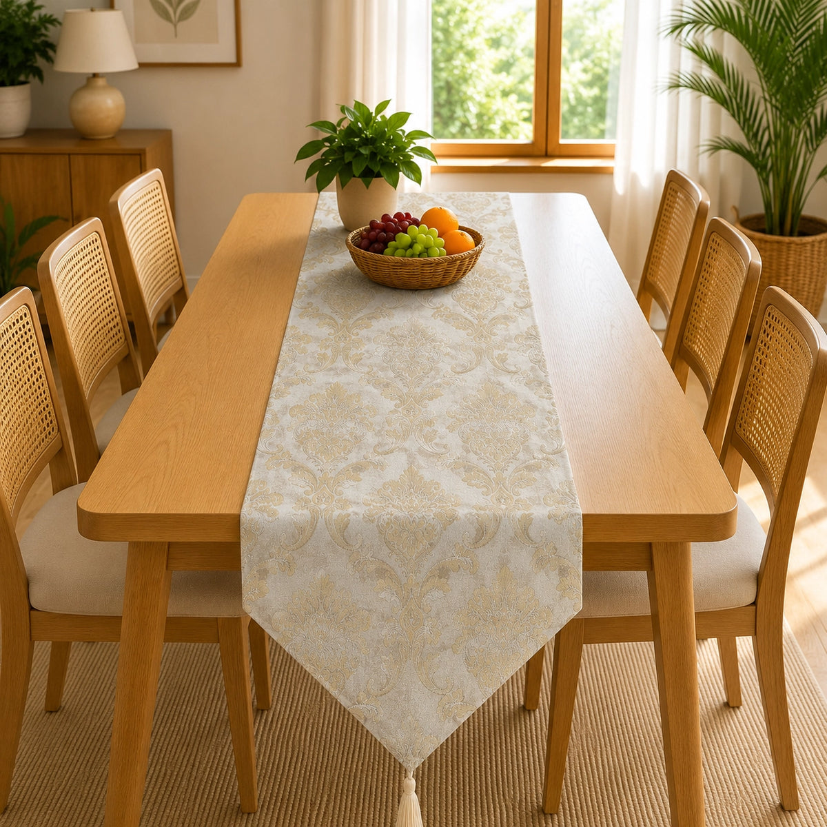 Delicate Gold Medallion Table Runner In Damask Fabric 0010
