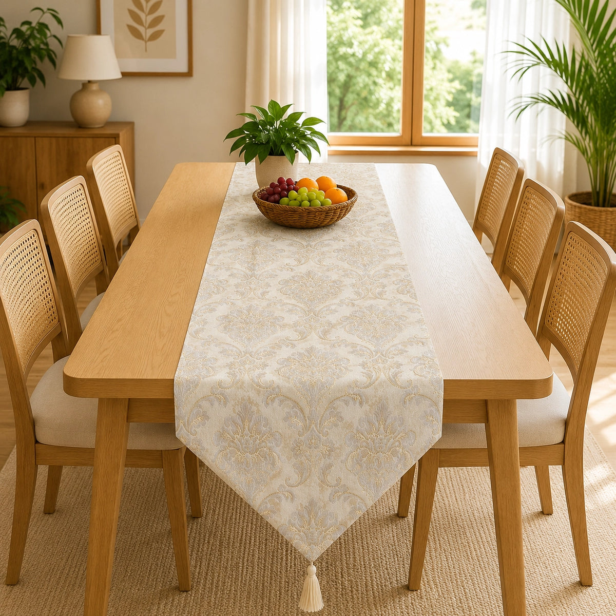 Misty Blue Heritage Table Runner In Damask Fabric 002