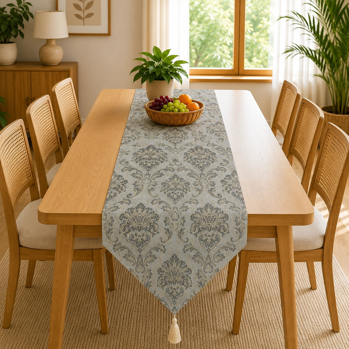 Serene Botanical Table Runner In Damask Fabric 004