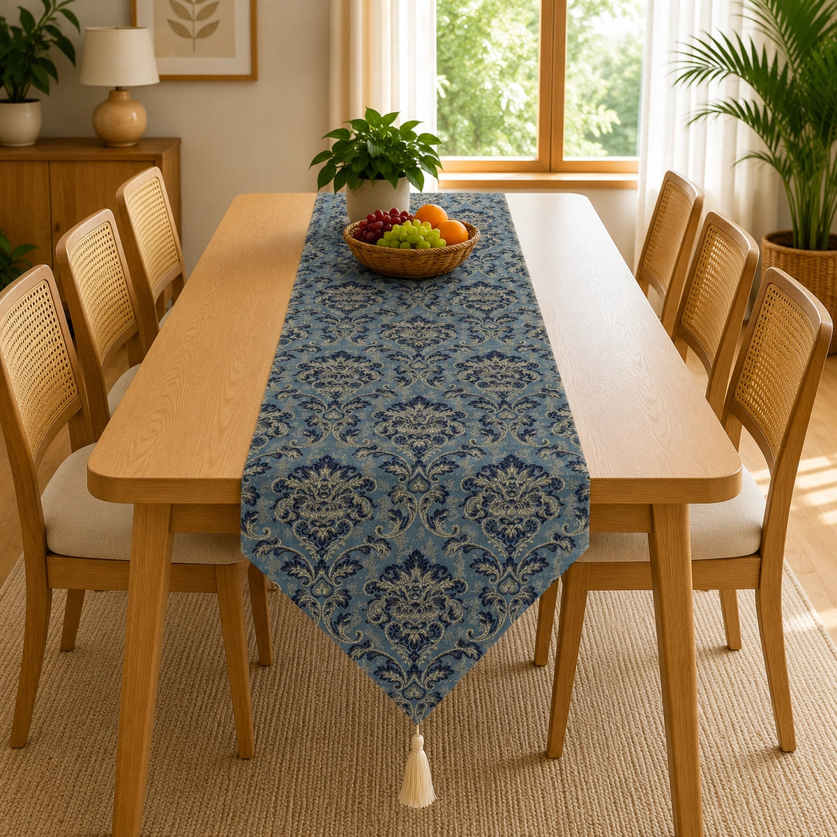 Midnight Blue Regency Table Runner In Damask Fabric 005