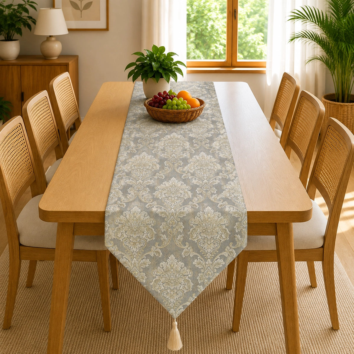 Imperial Sage Brocade Table Runner In Damask Fabric 008