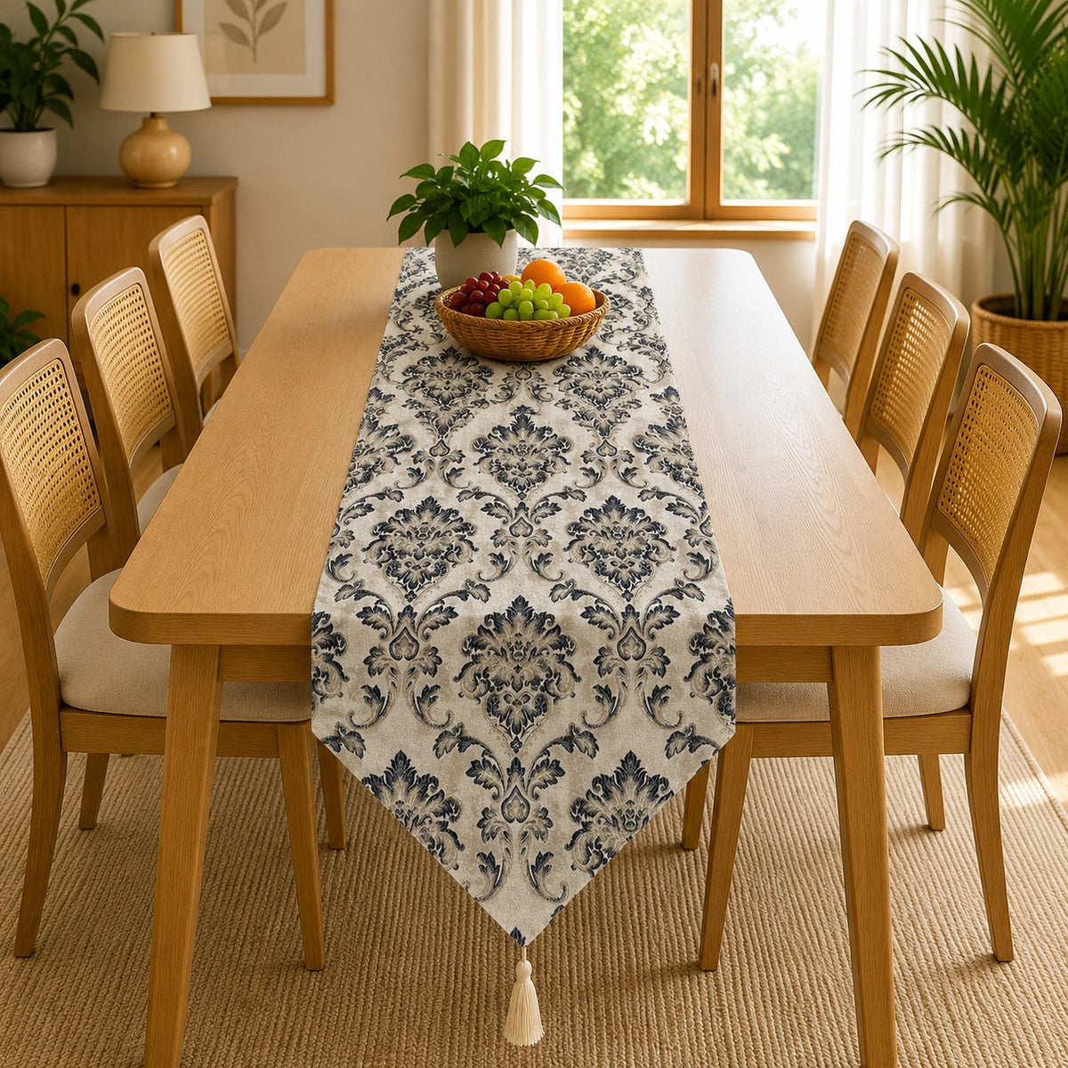 Indigo Charcoal Bloom Table Runner In Damask Fabric 009