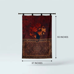A wall tapestry or hanging textile shown on a rod against a light gray background, with dimension arrows and text indicating 55 inches tall by 37 inches wide. The design features a dark red upper section with a black cat and orange autumn leaves, plus an ornate brown patterned lower section.