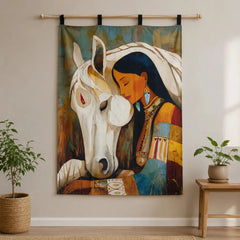 Decorative tapestry depicting a woman beside a white horse.