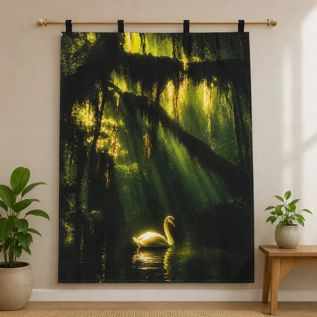Dark green forest tapestry with sunlight and a swan on the water.