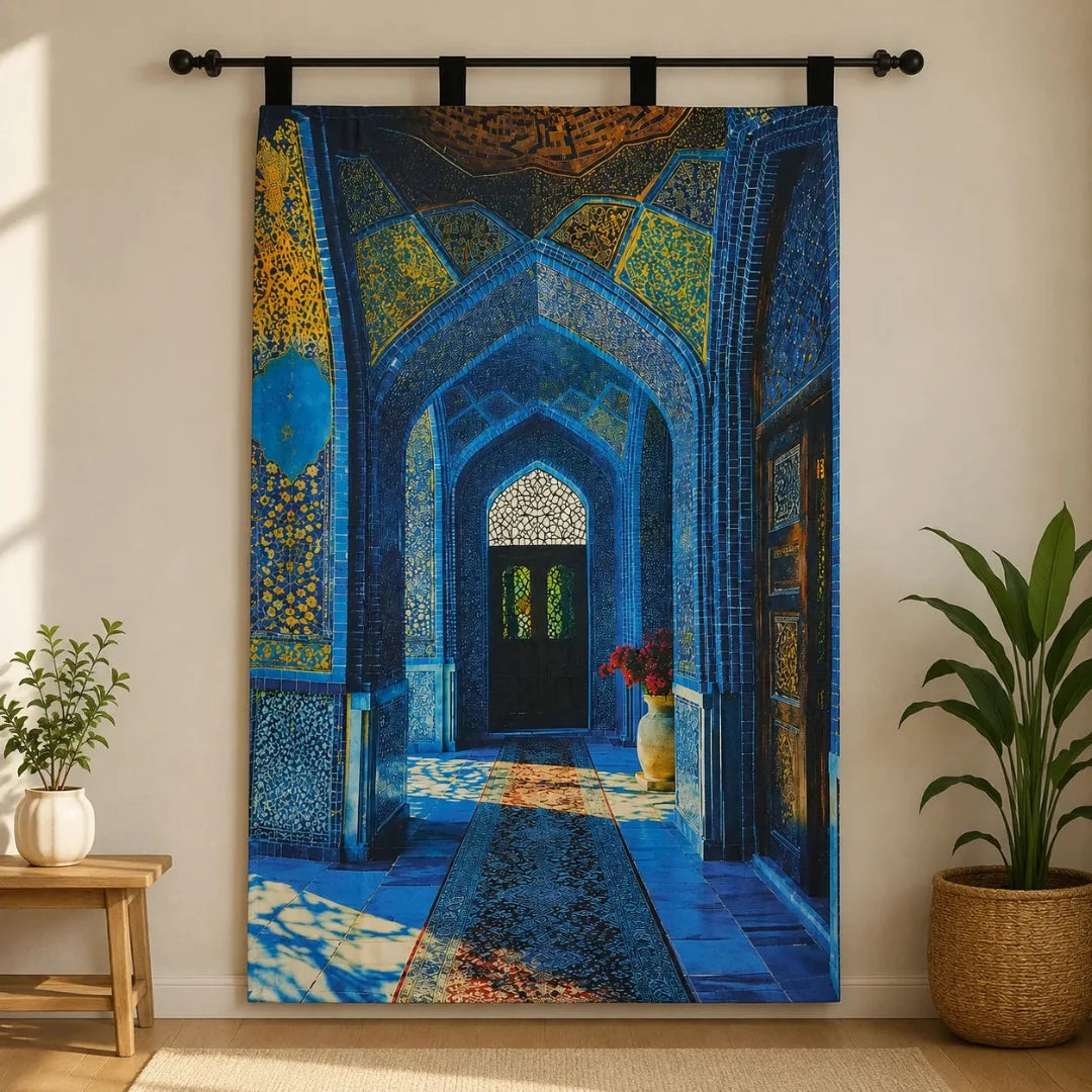 Blue tapestry depicting an ornate tiled architectural archway.