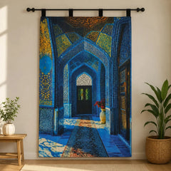 Blue tapestry depicting an ornate tiled architectural archway.
