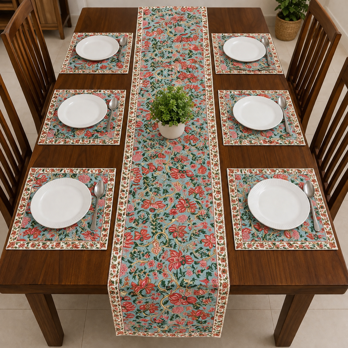 Vintage Garden Table Runner With 6 Mats