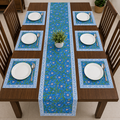 Royal Blue Botanical Table Runner With 6 Mats