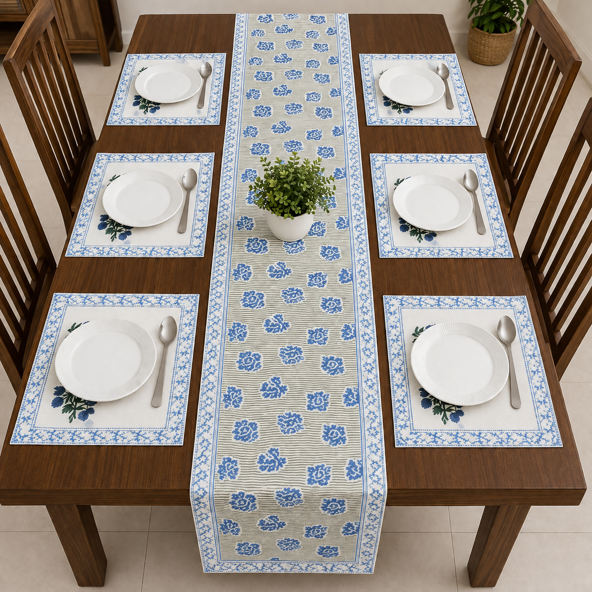 Indigo Rose Table Runner With 6 Mats