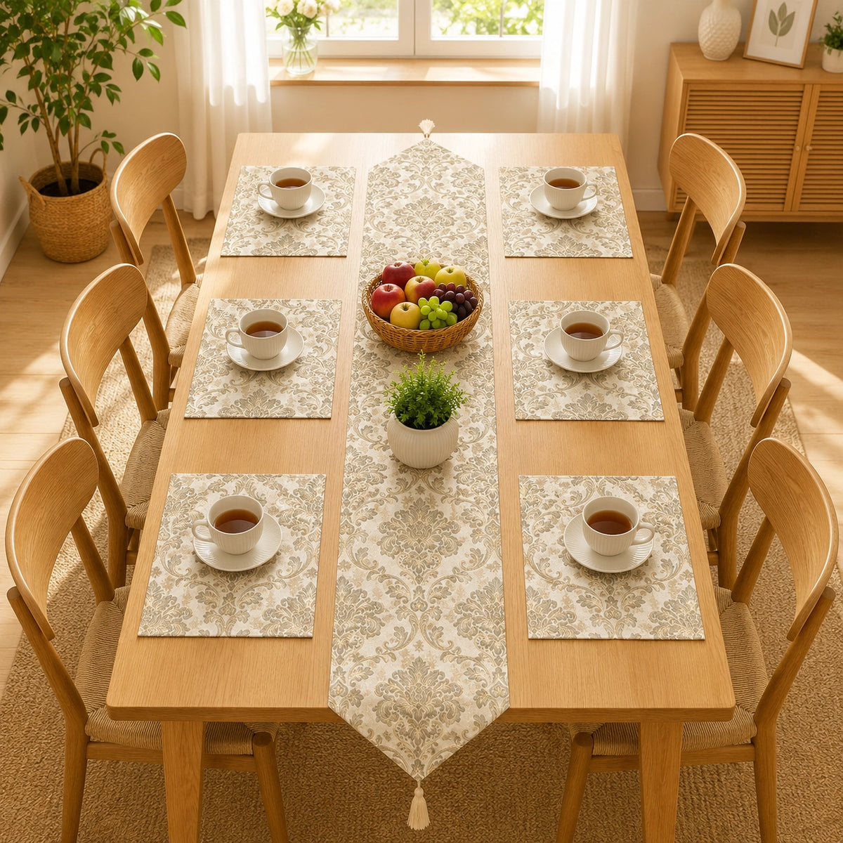 Ivory Regal Table Runner With Mats In Damask Fabric