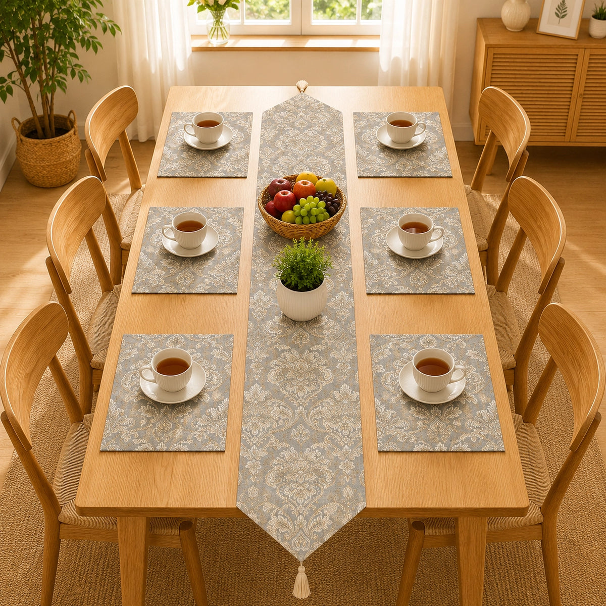 Misty Blue Heritage Table Runner With Mats In Damask Fabric