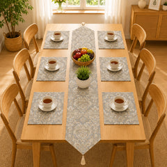 Misty Blue Heritage Table Runner With Mats In Damask Fabric