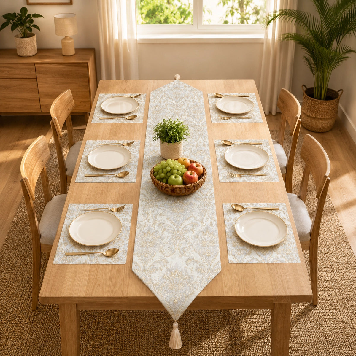 Misty Blue Heritage Table Runner With Mats In Damask Fabric 002