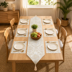 Misty Blue Heritage Table Runner With Mats In Damask Fabric 002