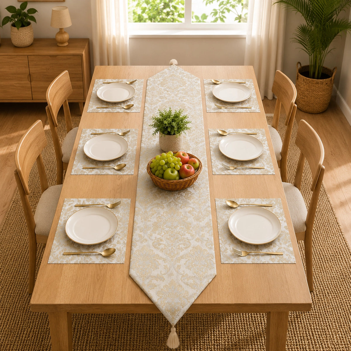 Golden Baroque Charm Table Runner With Mats In Damask Fabric 007