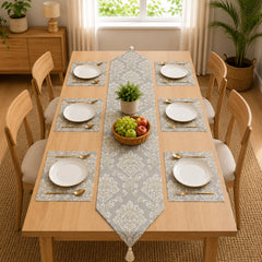 Imperial Sage Brocade Table Runner With Mats In Damask Fabric 008