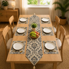 Indigo Charcoal Bloom Table Runner With Mats In Damask Fabric 009