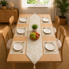 Delicate Gold Medallion Table Runner With Mats In Damask Fabric 0010
