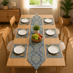 The Blue Versailles Table Runner With Mats In Damask Fabric 0011