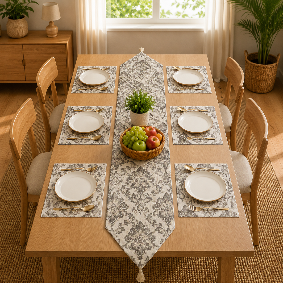 Heirloom Silver Medallion Table Runner With Mats In Damask Fabric 006