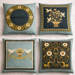 French White Birds and Flowers Cushion Cover Pack of 4