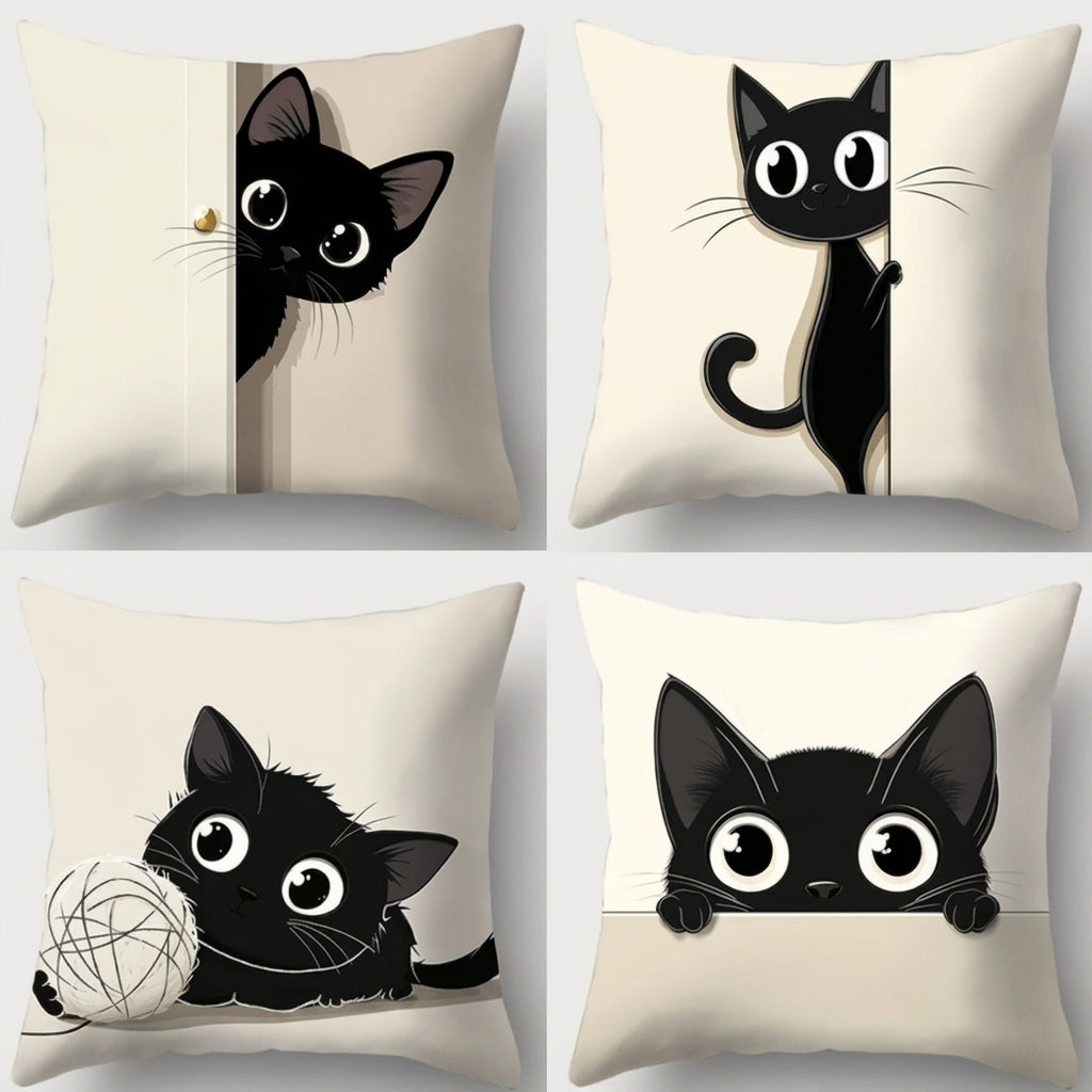 Peekaboo Kitty Printed Cushion Covers - (Pack of 4) For Living Room, Bed Room, Home Decor