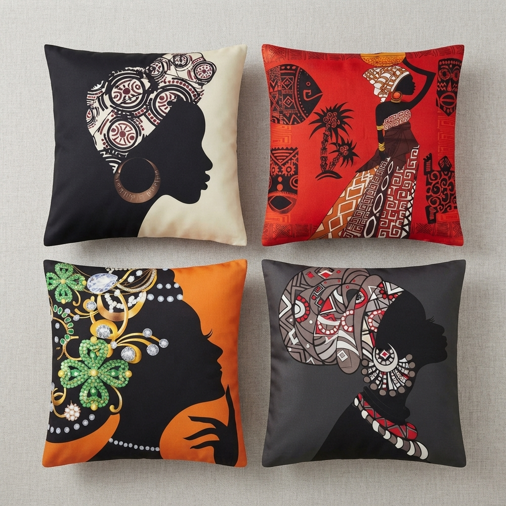 African Closeup Women Cushion Covers Pack 4
