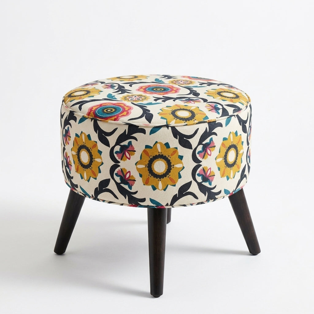 Vivid Vegnette Print Round Cone Leg Ottoman