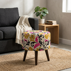 Pink-Gold Pouf Print Round Cone Leg Ottoman