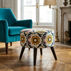 Vivid Vegnette Print Round Cone Leg Ottoman