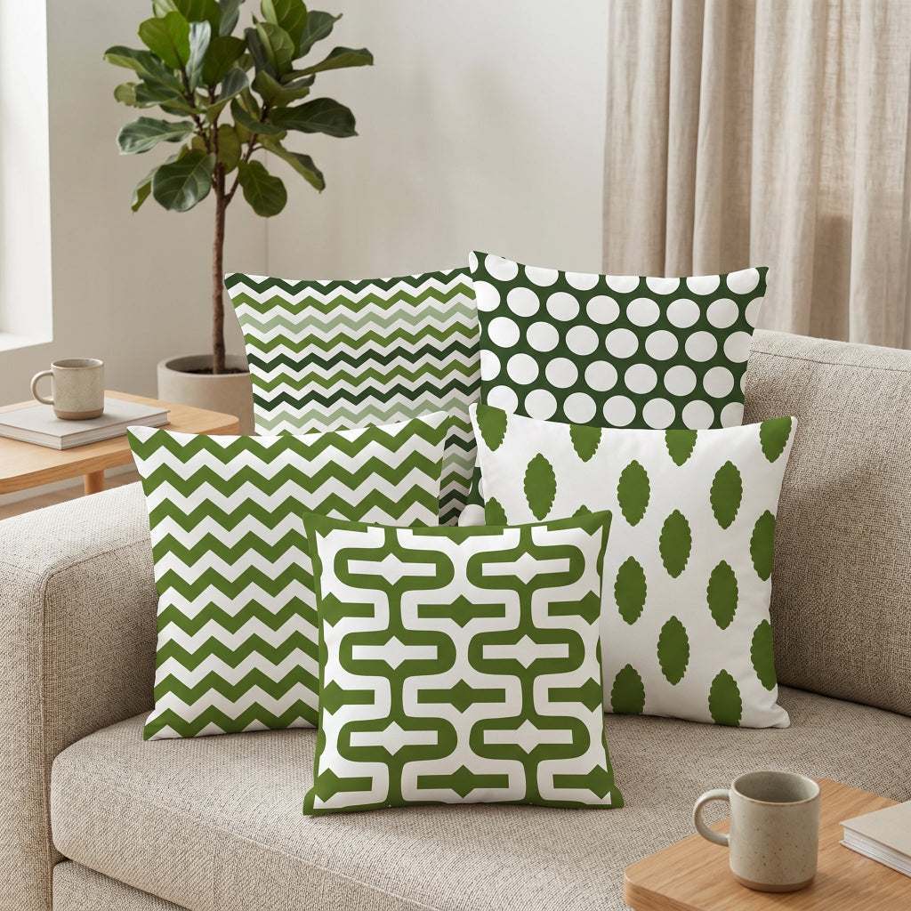 Chevron & Dot Green Printed Cushion Covers - (Pack of 5) For Living Room, Bed Room, Home Decor