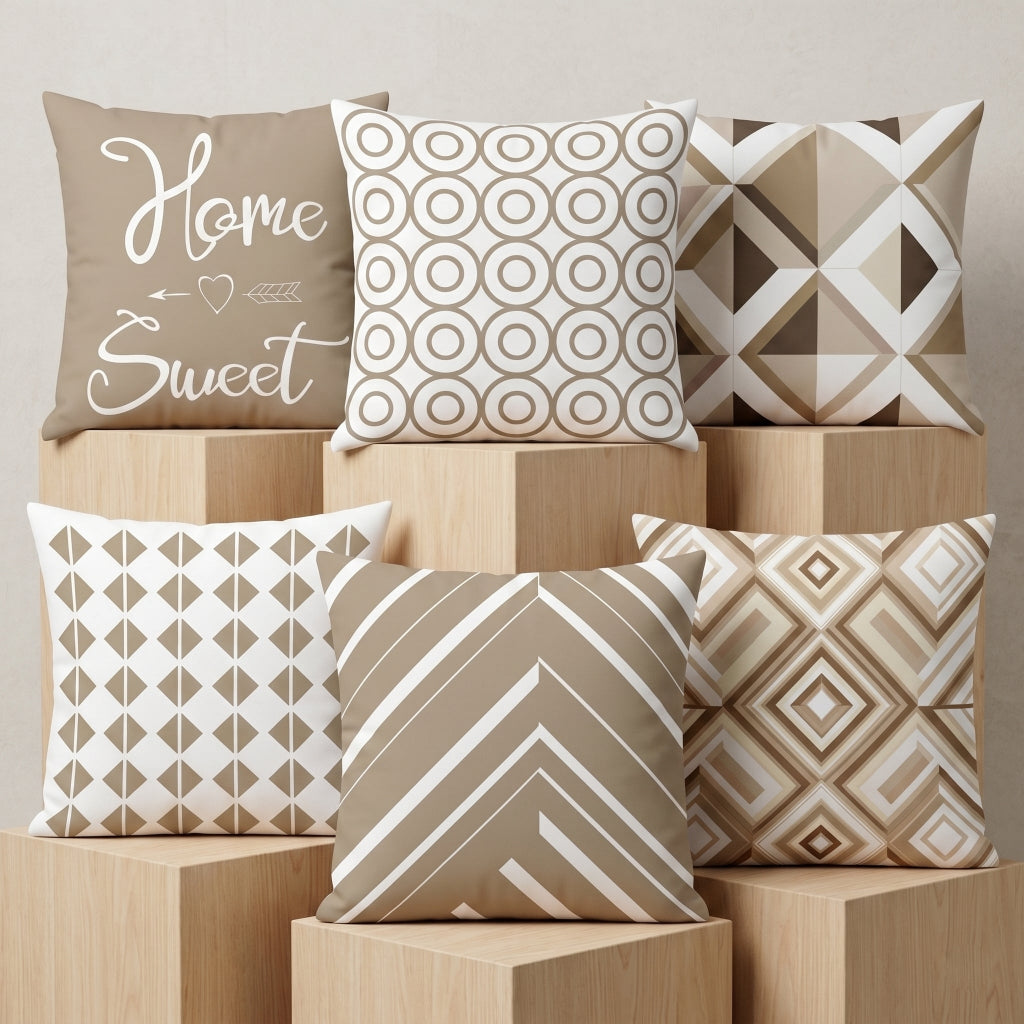 Beige Elegance Printed Cushion Covers - (Pack of 6) For Living Room, Bed Room, Home Decor
