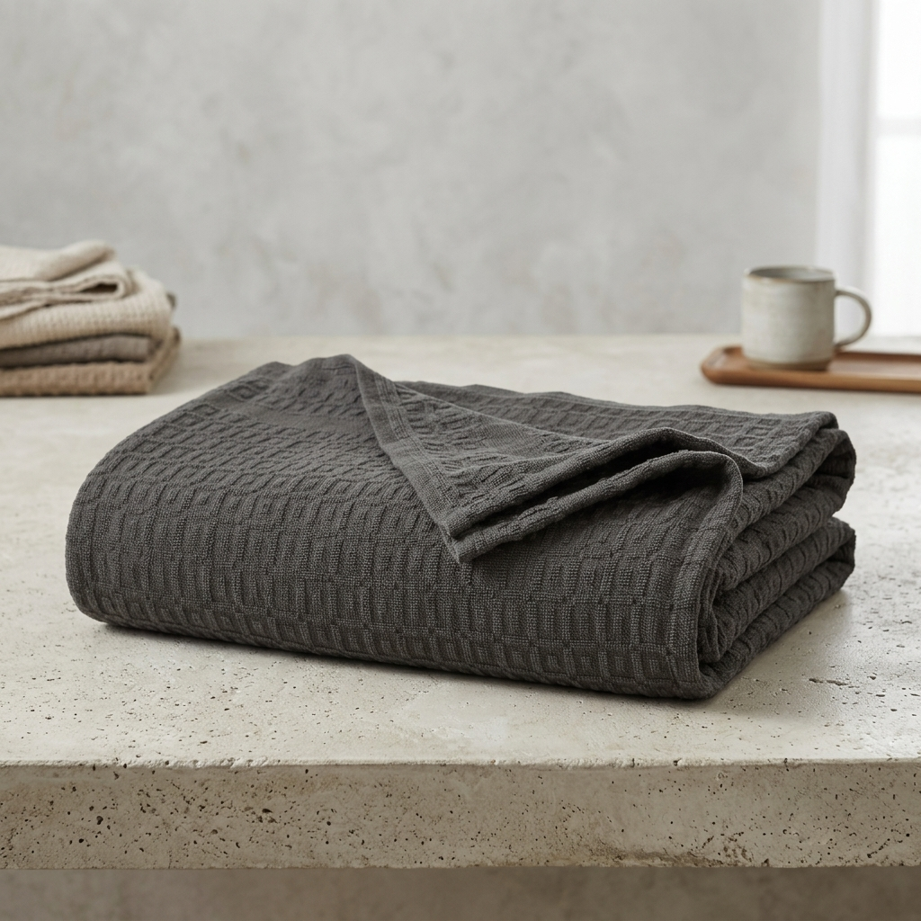 Waffles Terry Cotton Thermal Blanket - Charcoal Grey