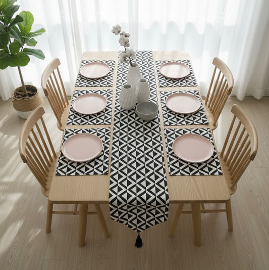 Classic Black Triangle Mosaic Table Runner with Mats